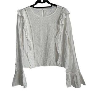 BB Dakota Eyelet Ruffled Long Sleeve Jewel Neck Top White Size Small
